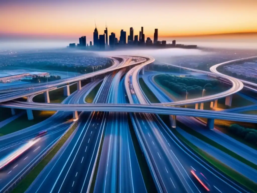 Intersección futurista: Red vial sincronizada en 8k Vista aérea de un sofisticado intercambio vial, con autos en sincronización perfecta, rodeado de paisaje futurista al atardecer