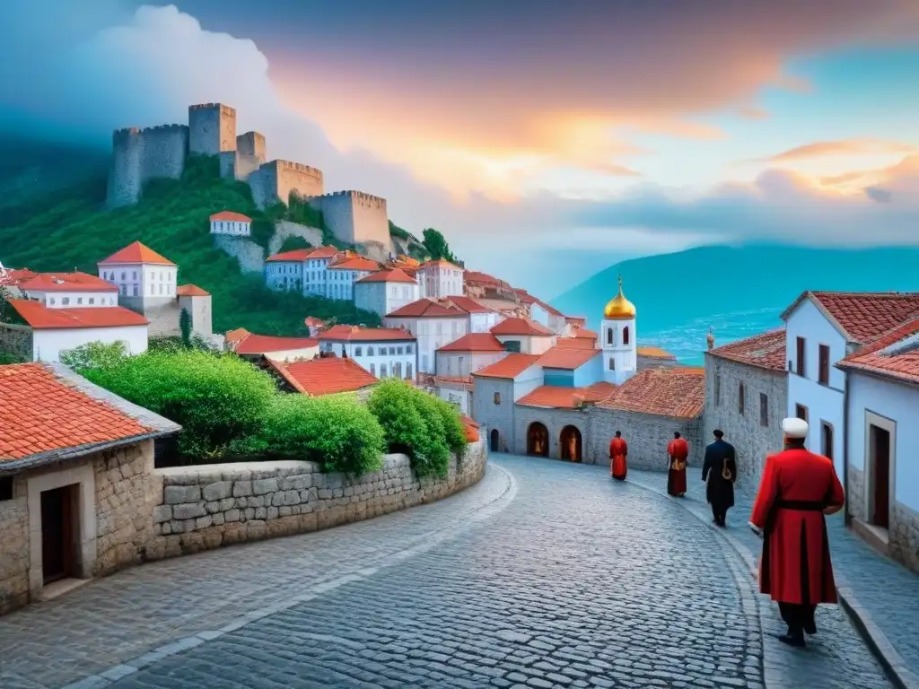 Calles empedradas y coloridas de un pueblo histórico balcánico Vista detallada de calles empedradas en un pueblo balcánico histórico, con locales en trajes tradicionales y una fortaleza medieval al fondo