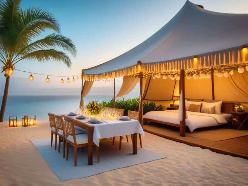 Paraíso romántico: Glamping de lujo en isla exótica Vista panorámica de un lujoso glamping en una remota isla exótica, con una romántica cena al atardecer