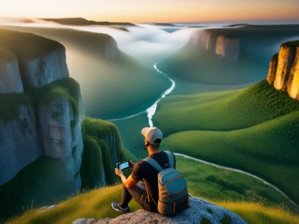 Un vlogger de viajes disfruta del atardecer en un acantilado, capturando la belleza de un valle exuberante