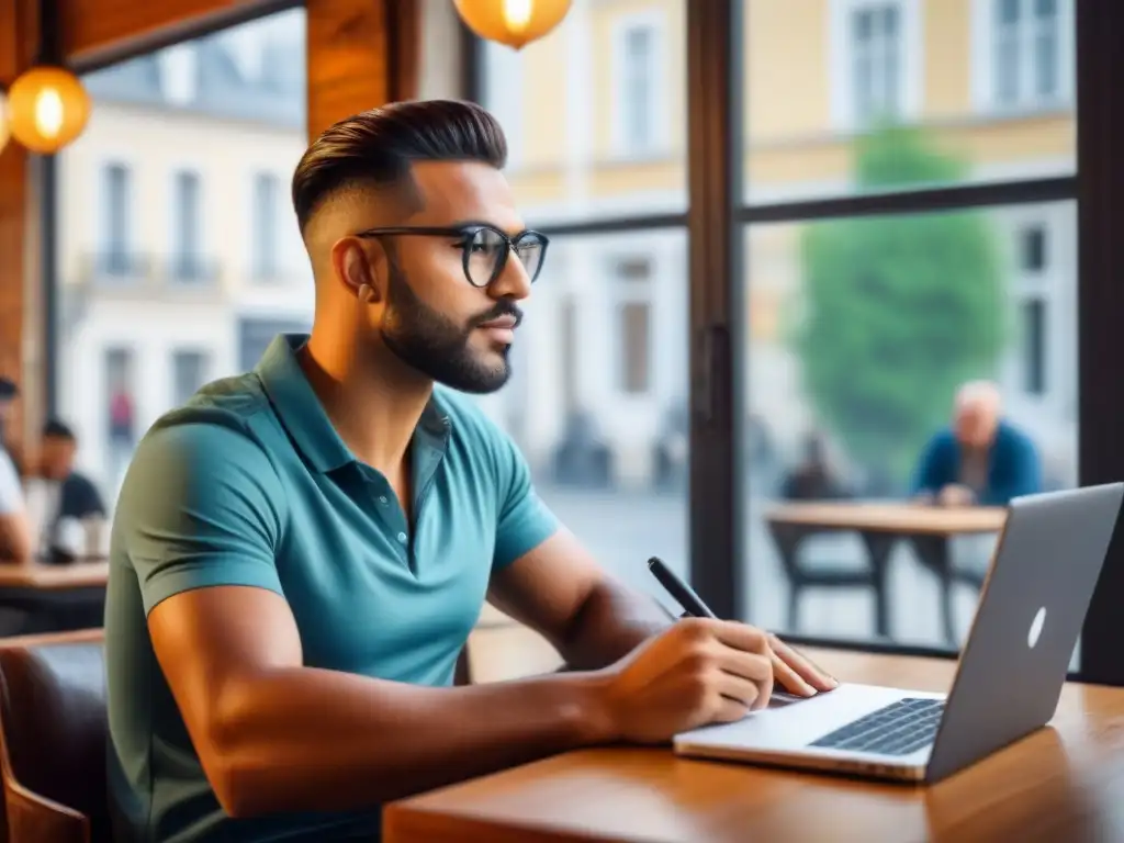 Vlogger en Café: Feedback Constructivo Un vlogger de viajes mejora su contenido con críticas constructivas en un café acogedor