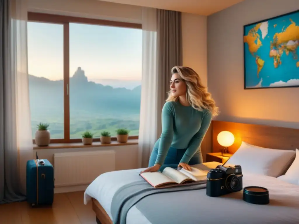 Un vlogger de viajes en su día típico, despertando al amanecer en una habitación acogedora llena de luz natural y recuerdos de aventuras pasadas